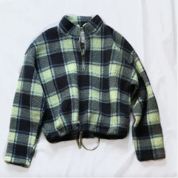 🦋 American Eagle Blue Green Plaid Quarter Zip Teddy Sherpa Pullover Jacket 🦋 - Picture 4 of 6